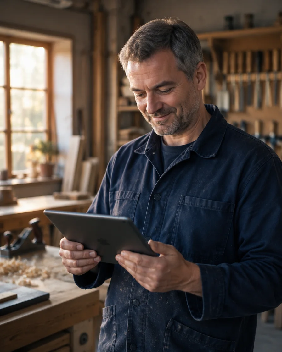 Handwerksmeister in seiner Werkstatt schaut zufrieden auf ein Tablet